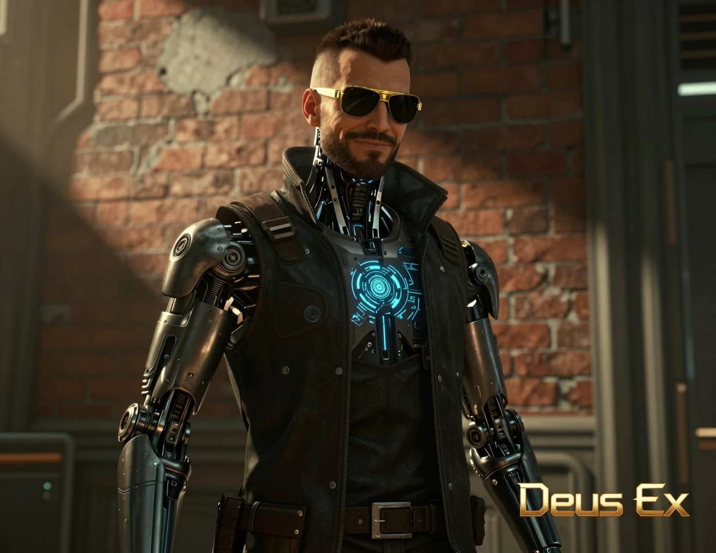 Detective cyborg sorridente in un cupo interno cyberpunk