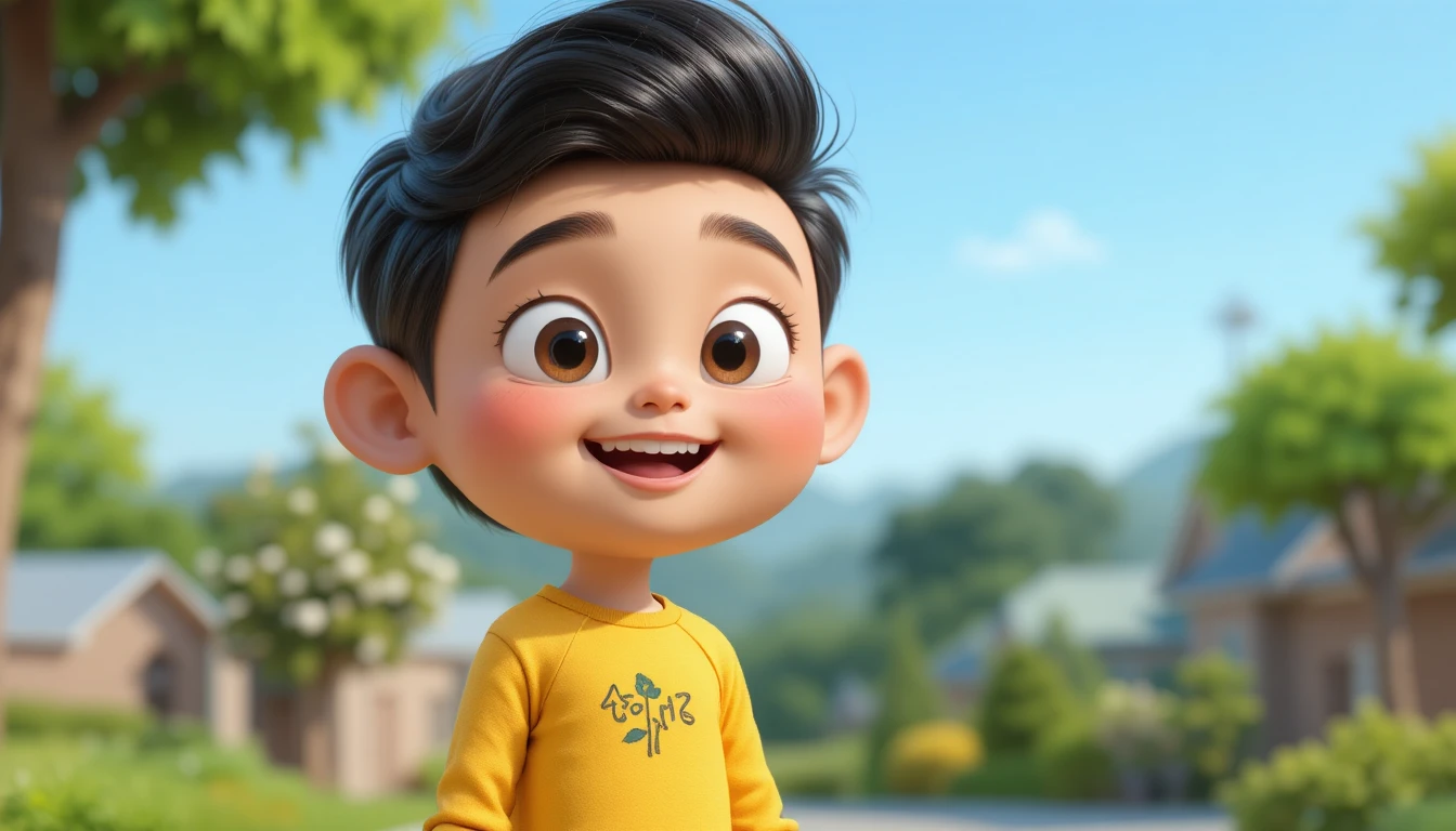 Happy 3D cartoon boy in yellow top and blue shorts