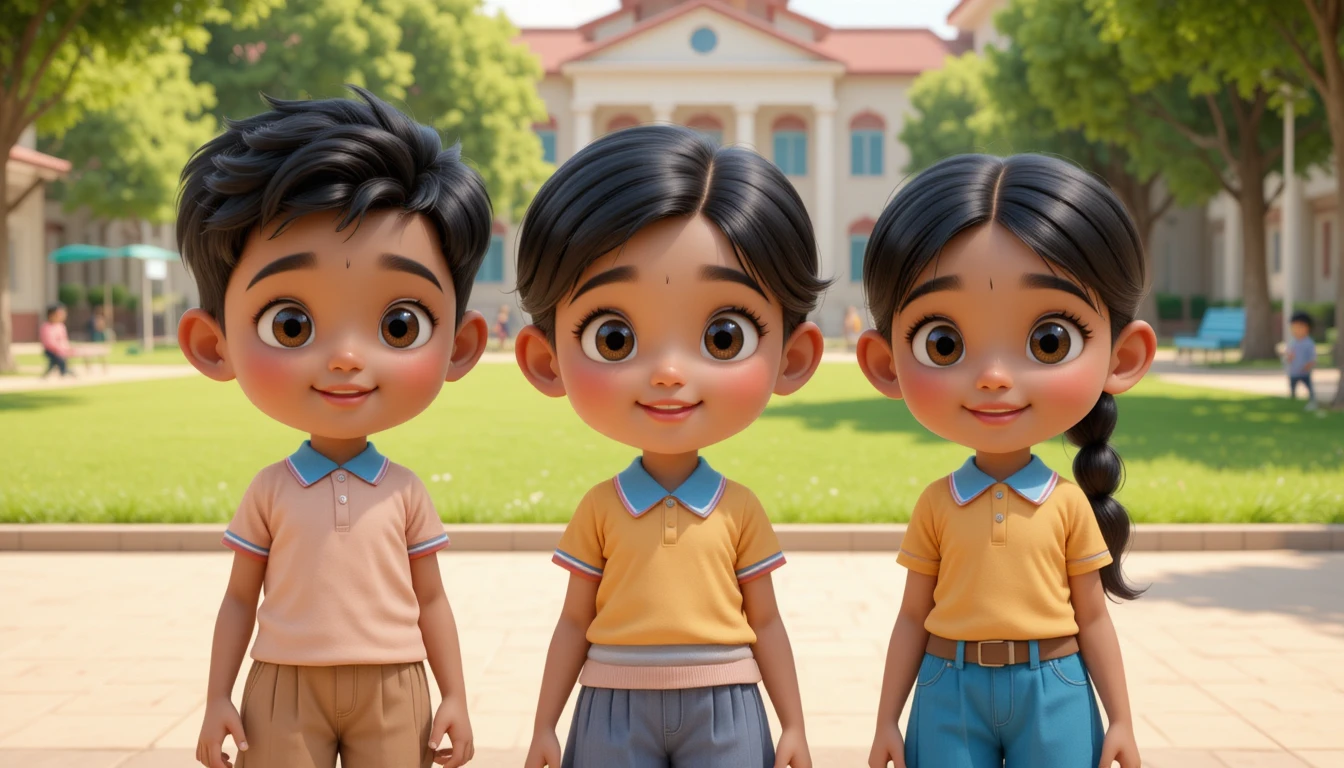 Trois enfants indiens en 3D cartoon dans une cour d’école lumineuse