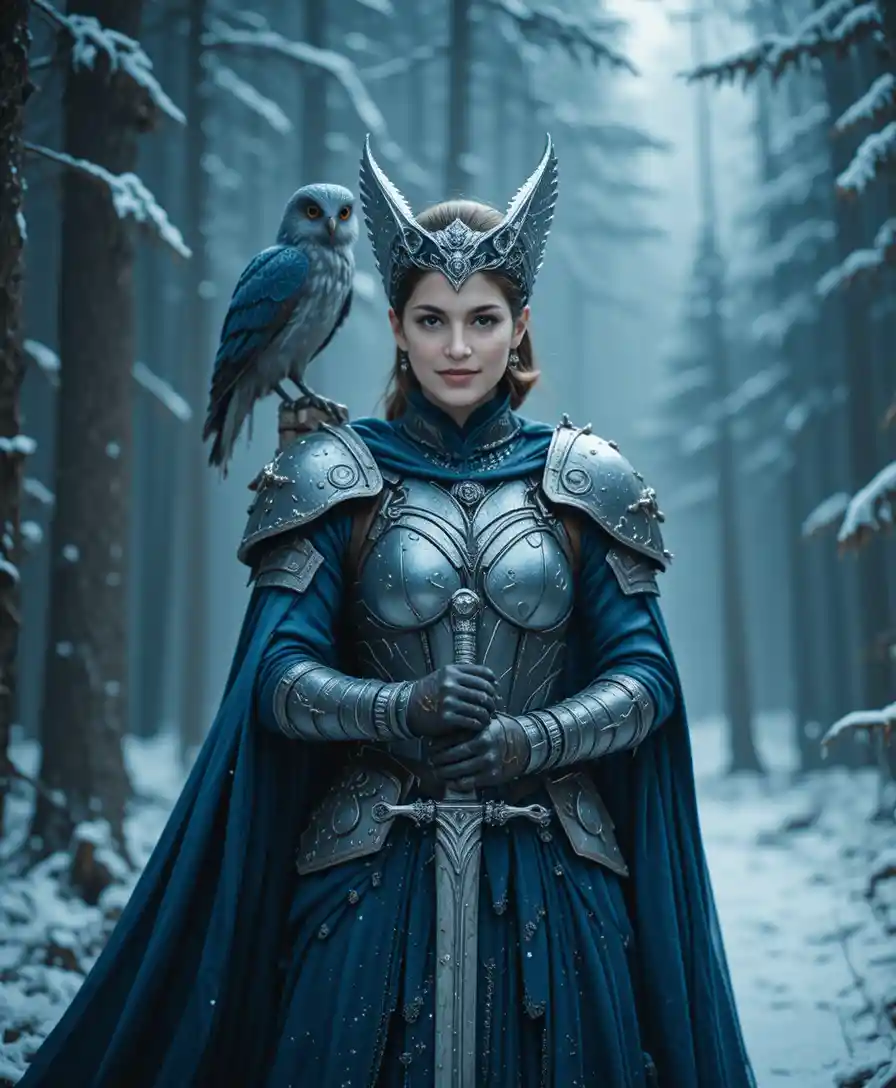 雪林中身披鎧甲的奇幻戰士女王