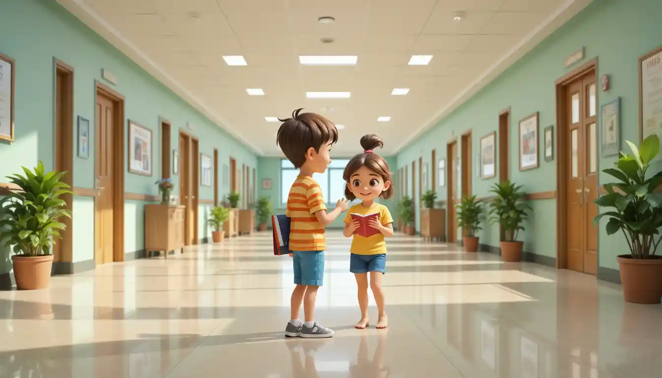 Des enfants se rencontrent dans un lumineux couloir d’école en 3D