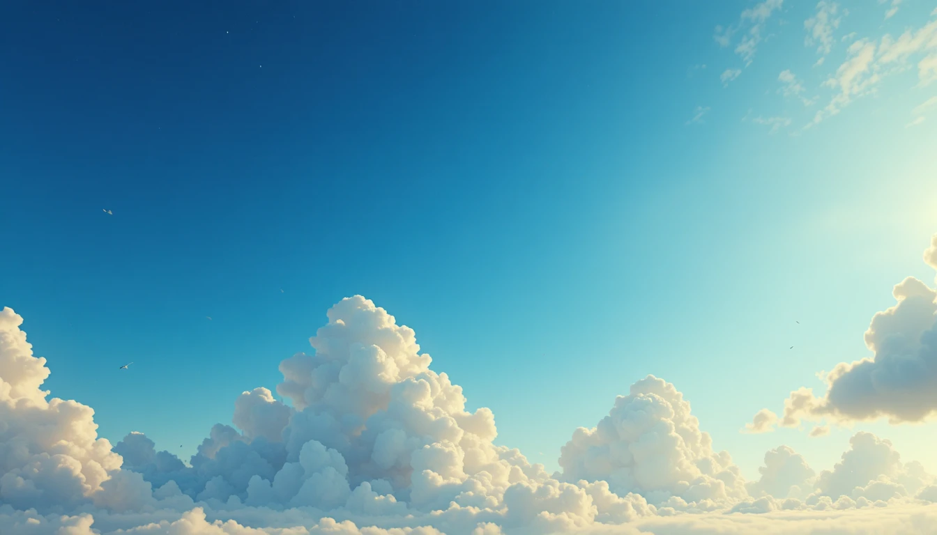 Soft blue sky with fluffy clouds and gentle sunlight