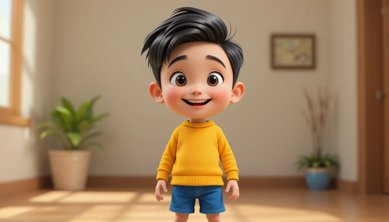 Fröhlicher 3D-Cartoon-Junge mit gelbem Oberteil und blauer Shorts