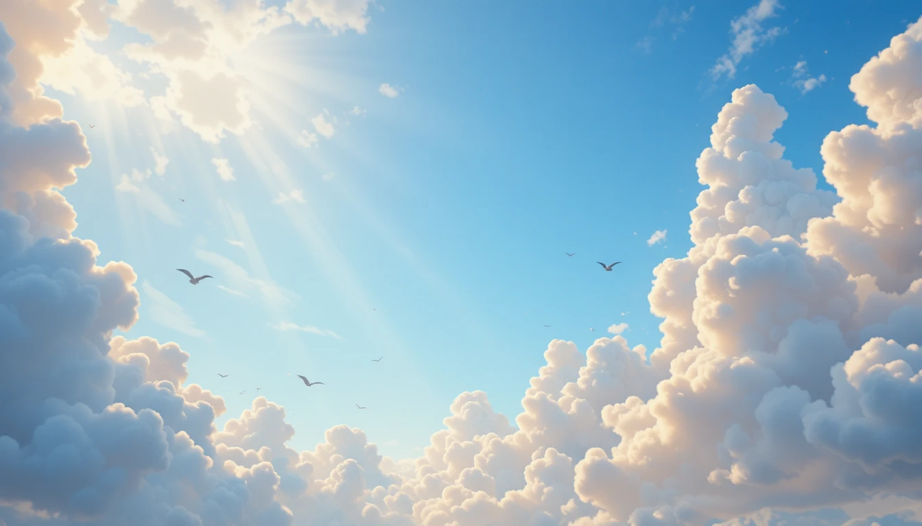 Céu azul sereno com nuvens cúmulus suaves e luz do sol