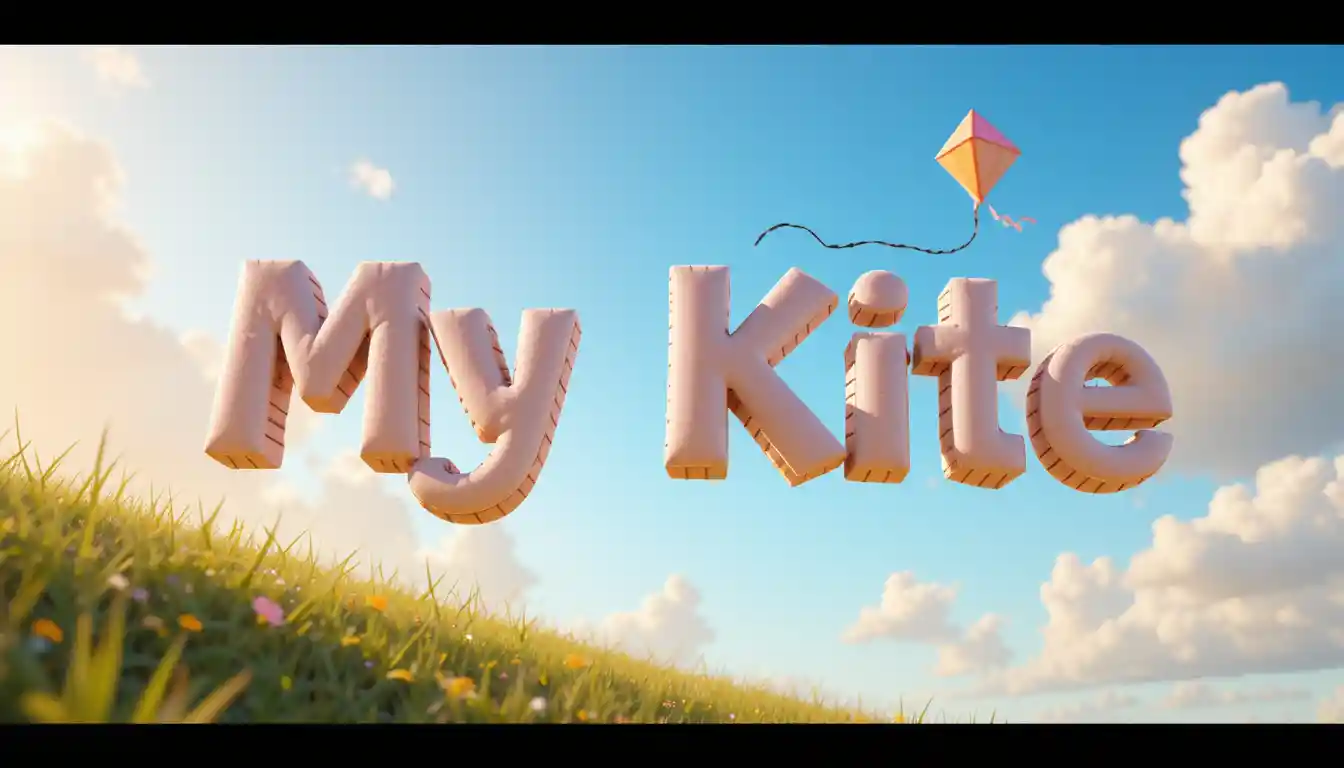 Floating 3D kite title text in a sunny sky