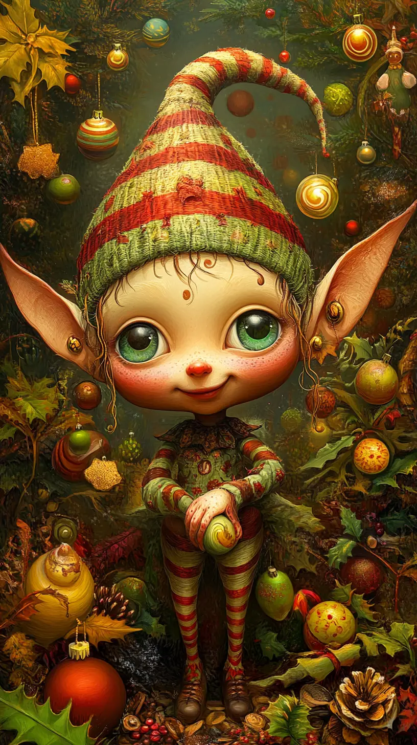 Whimsical Christmas elf in a surreal festive world