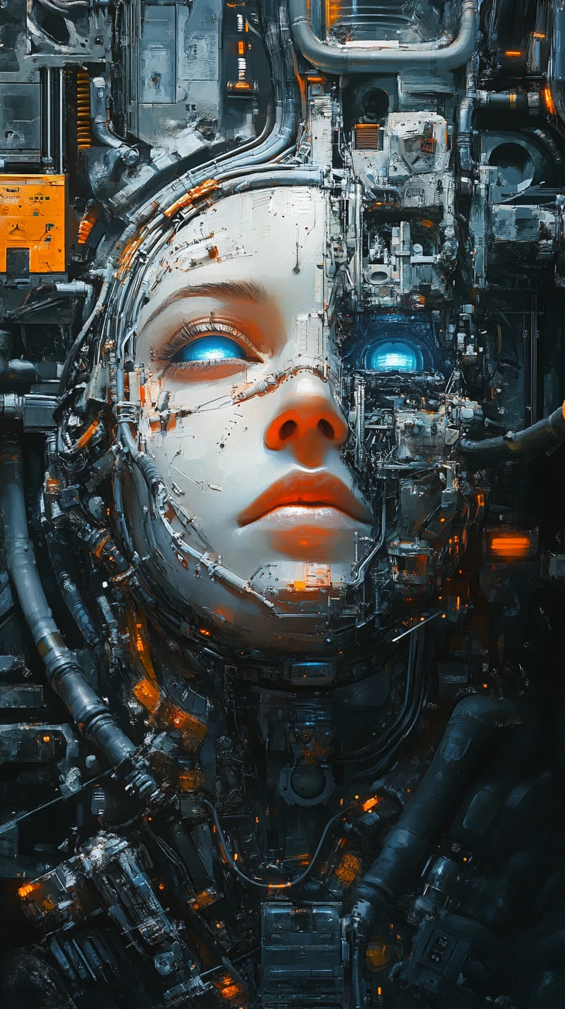 Retrato futurista de ciborgue com tubos metálicos e olhos brilhantes