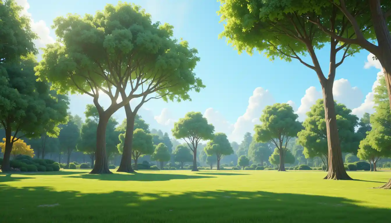 Wide Park Landscape With Green Lawns And Tall Trees