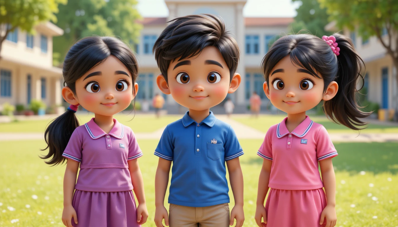 学校の校庭で笑顔を見せる3人の3Dインド人の子どもたち