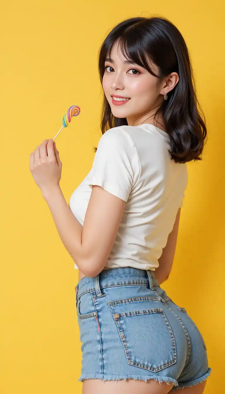 Playful woman posing with lollipop on yellow background
