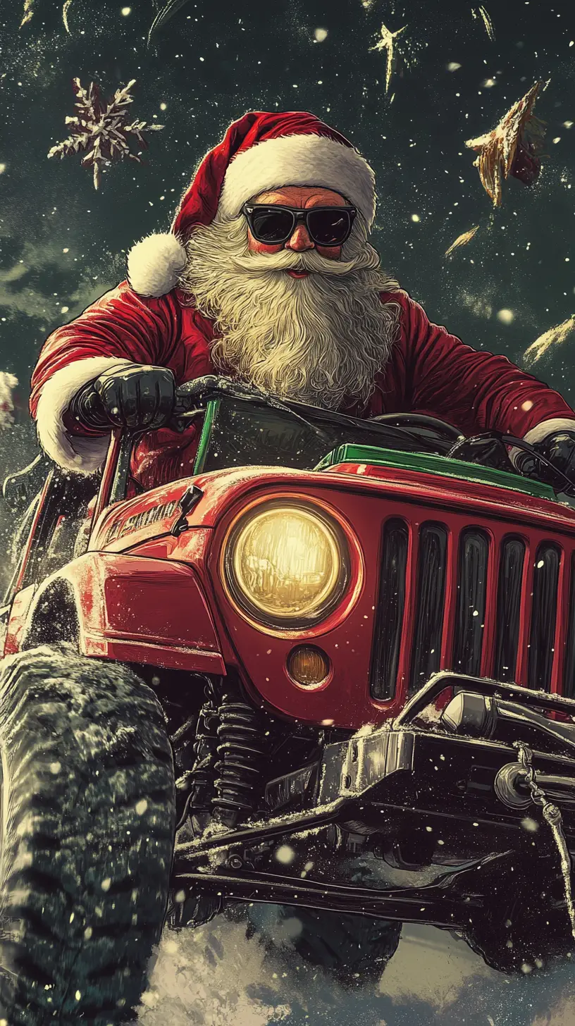 Weihnachtsmann fährt einen Jeep direkt auf den Betrachter zu
