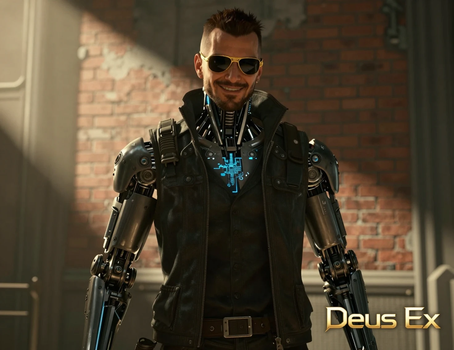 Detetive ciborgue aprimorado em interior cyberpunk banhado pelo sol