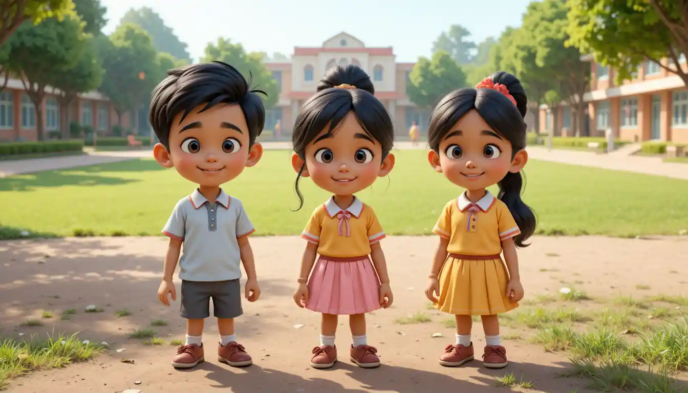 Tres niños indios en caricatura 3D en un patio de escuela