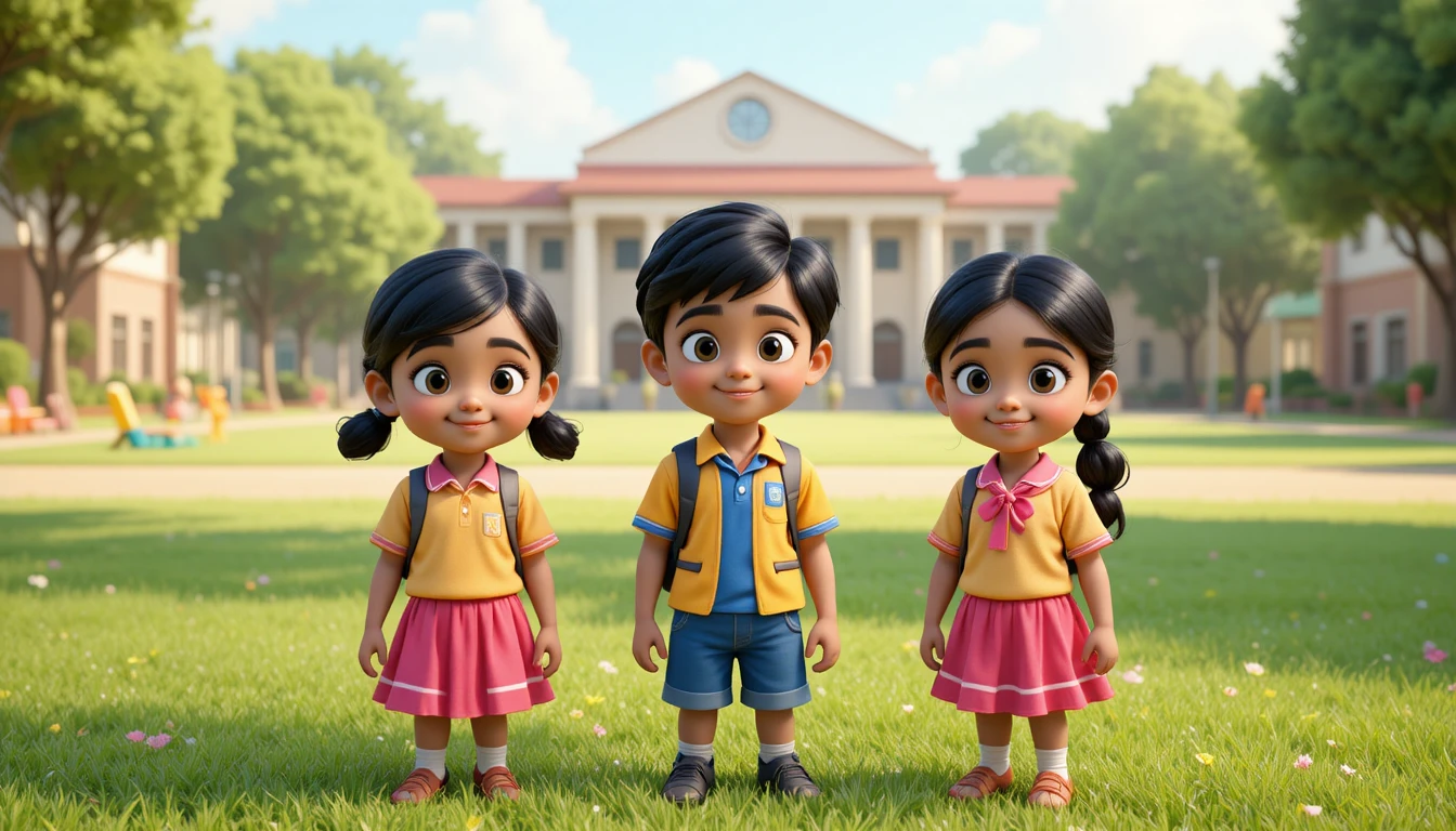 Trois écoliers indiens en 3D dans une cour ensoleillée