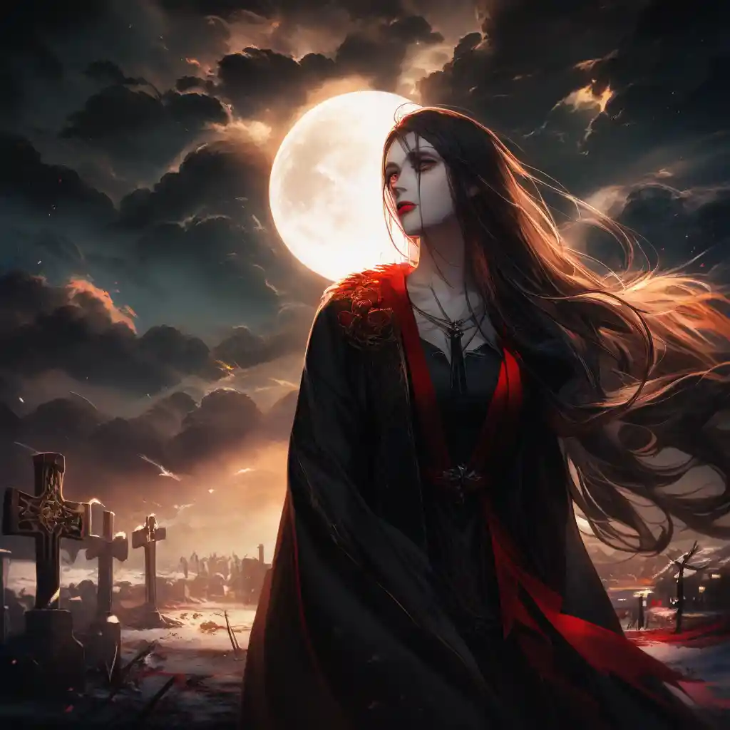 Fille vampire avec corbeau dans un cimetière enneigé au clair de lune