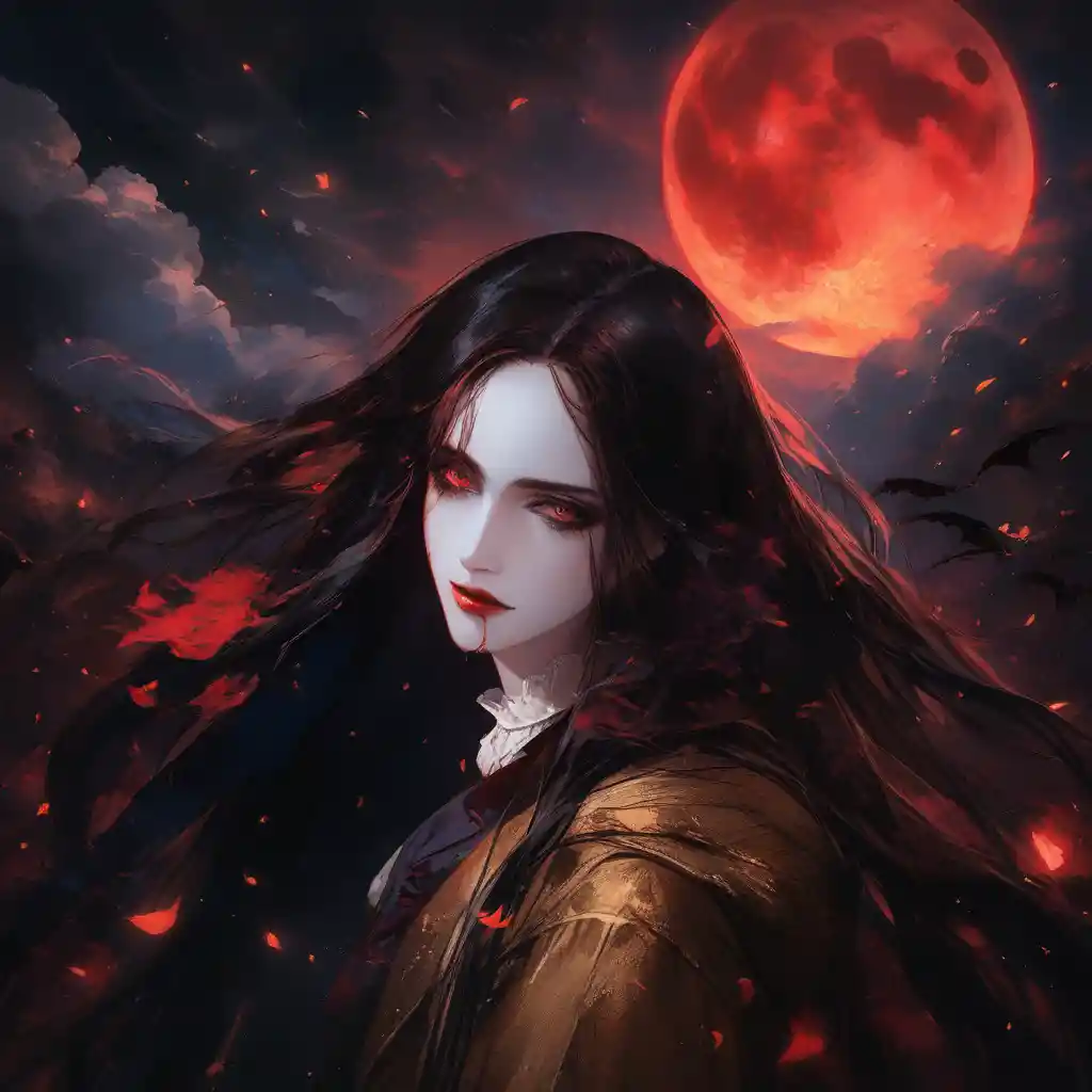 Vampire girl with raven in snowy moonlit cemetery