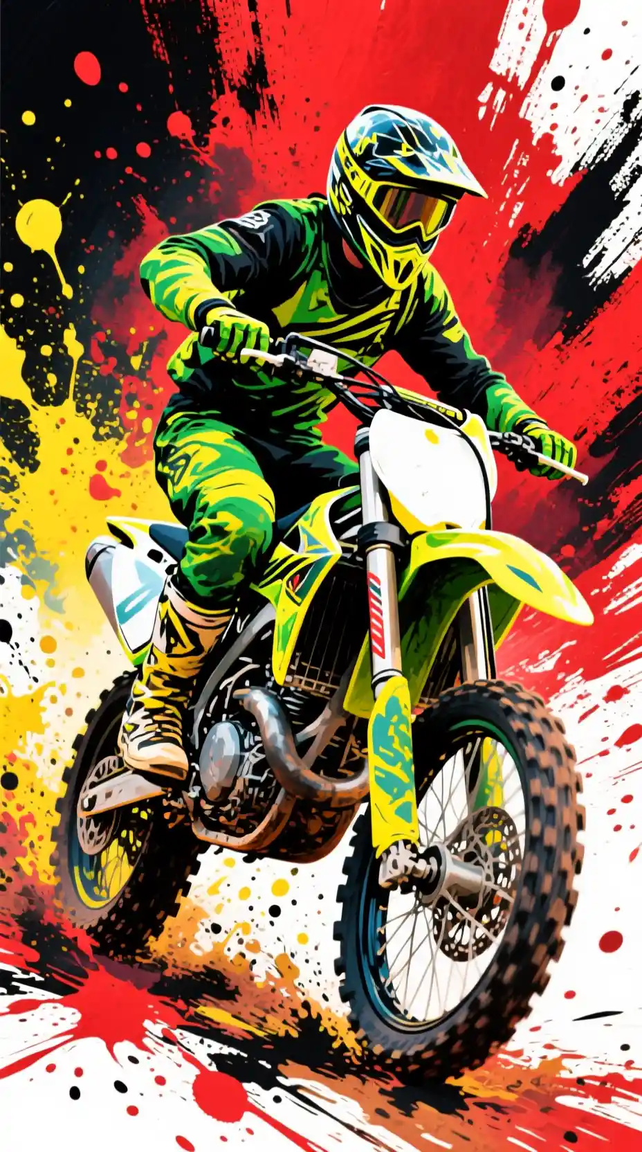 Pilota di motocross che salta tra spruzzi colorati ad acquerello
