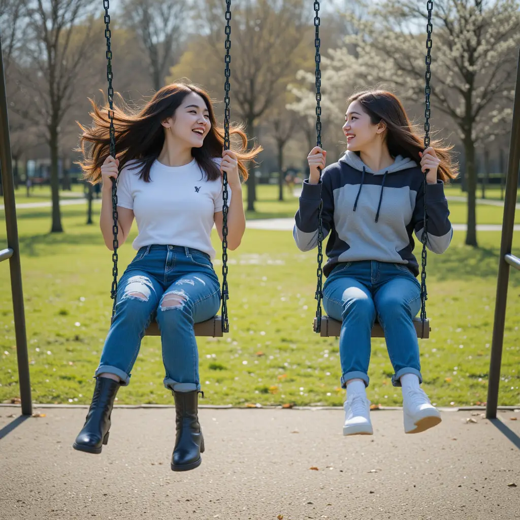 Laughing sisters swinging high in a sunny spring park