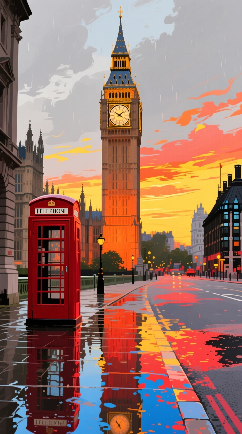 Torre dell’orologio di Londra al tramonto su strade bagnate