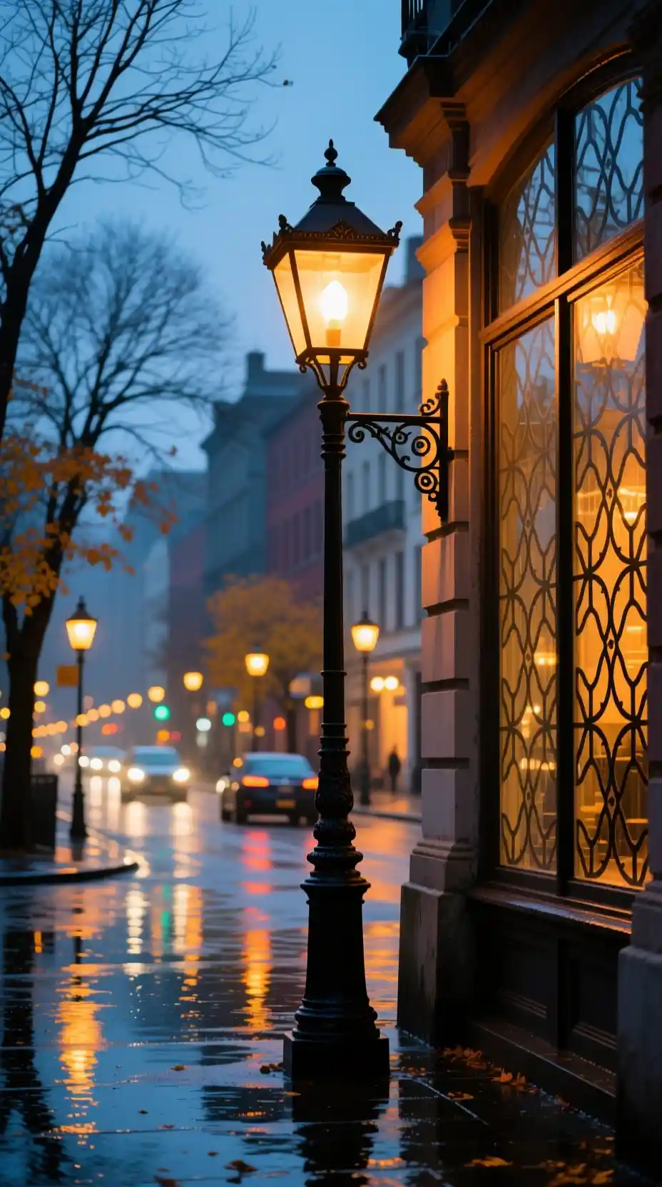 Cinematic portrait of a glowing street lamp on evening city streets
