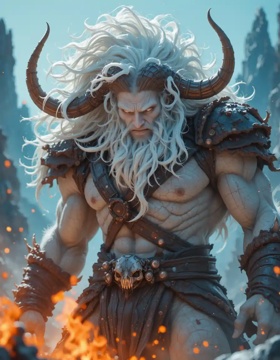 Titan albino minotaur towering over jagged frozen mountain spires