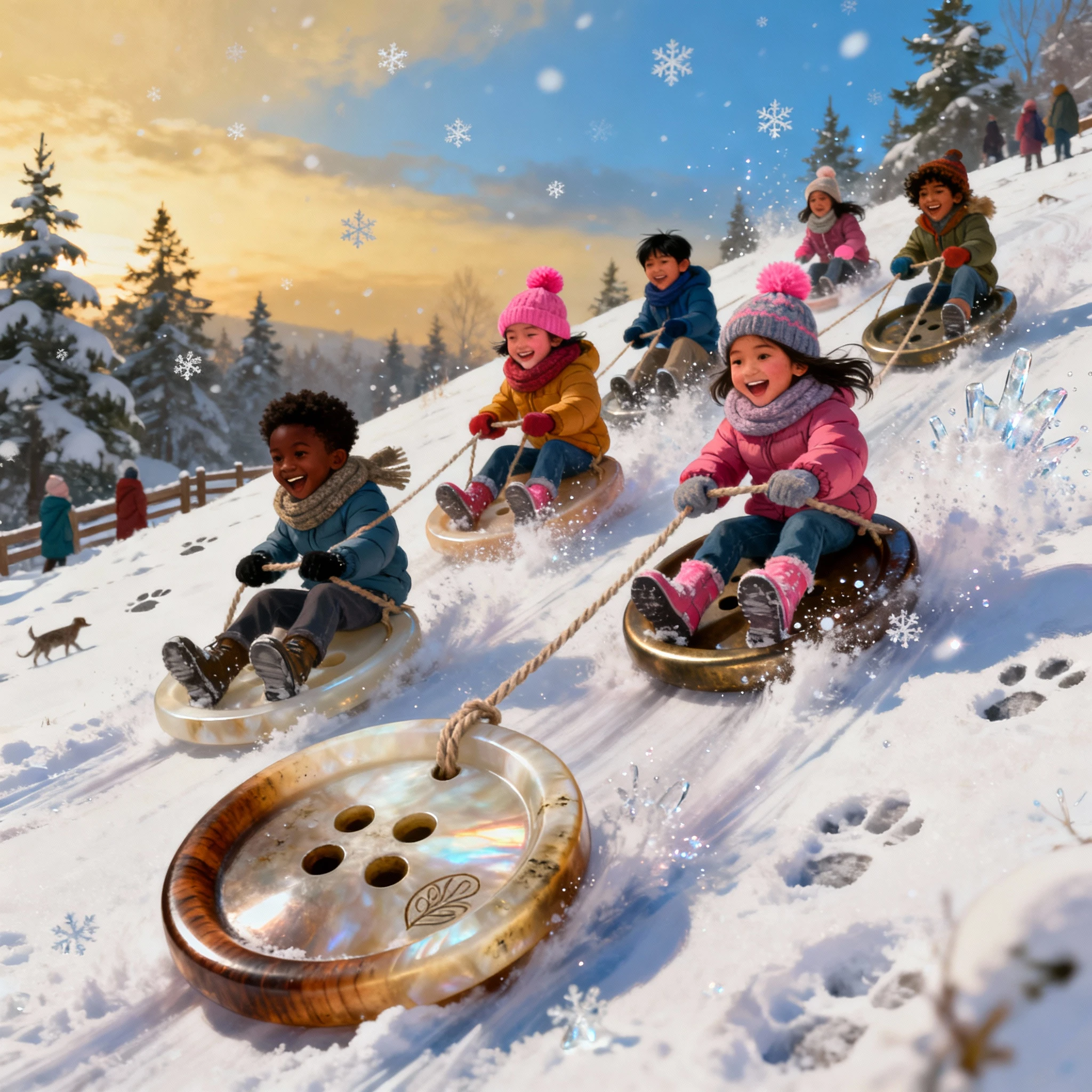 Des enfants glissent sur d’énormes boutons le long d’une colline enneigée