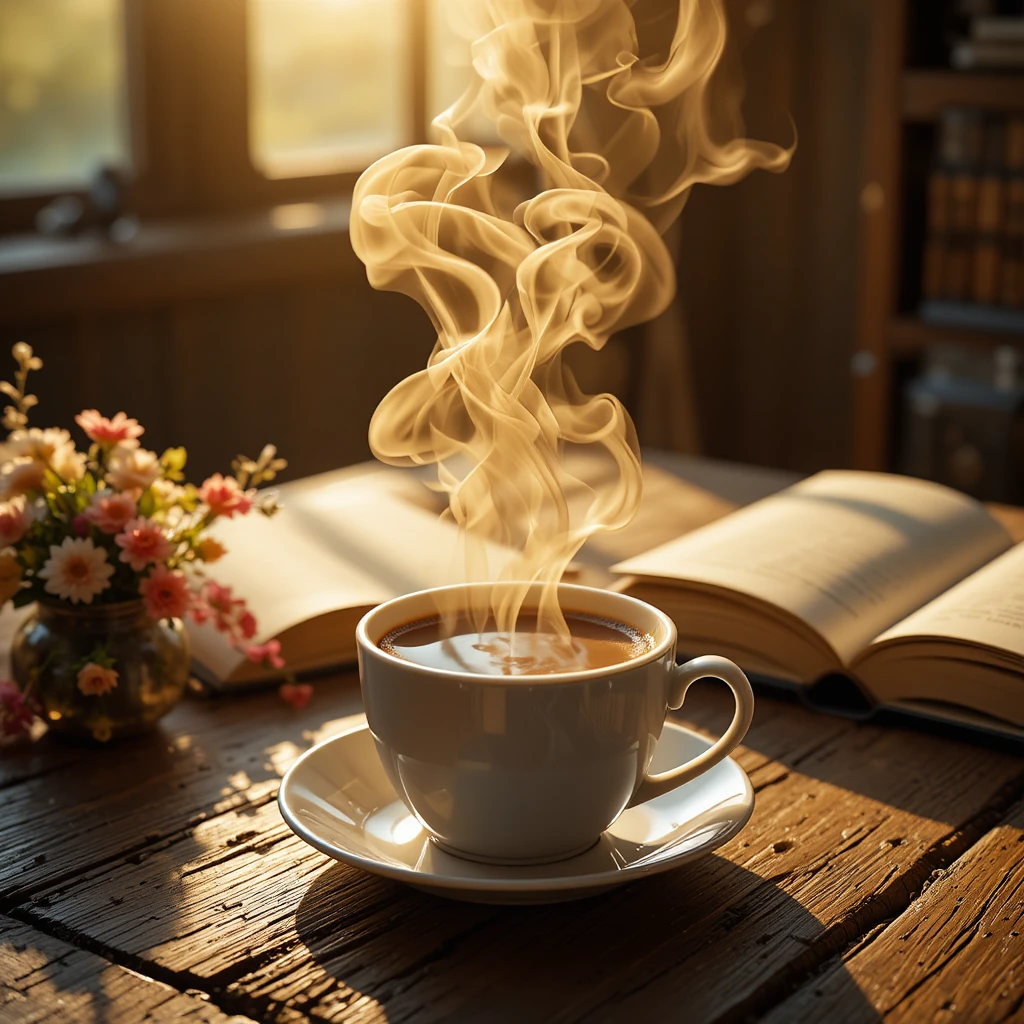 Tasse de café fumante sur table rustique avec texte persan dans la vapeur