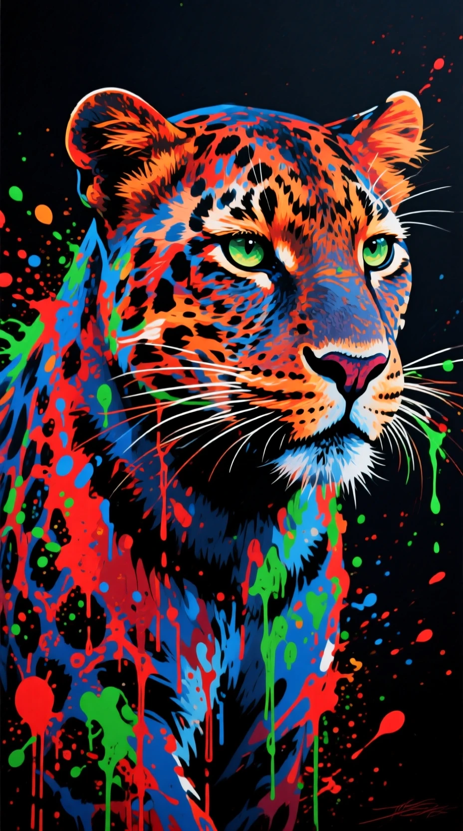Gros plan abstrait d’une panthère aux couleurs vives et dégoulinantes