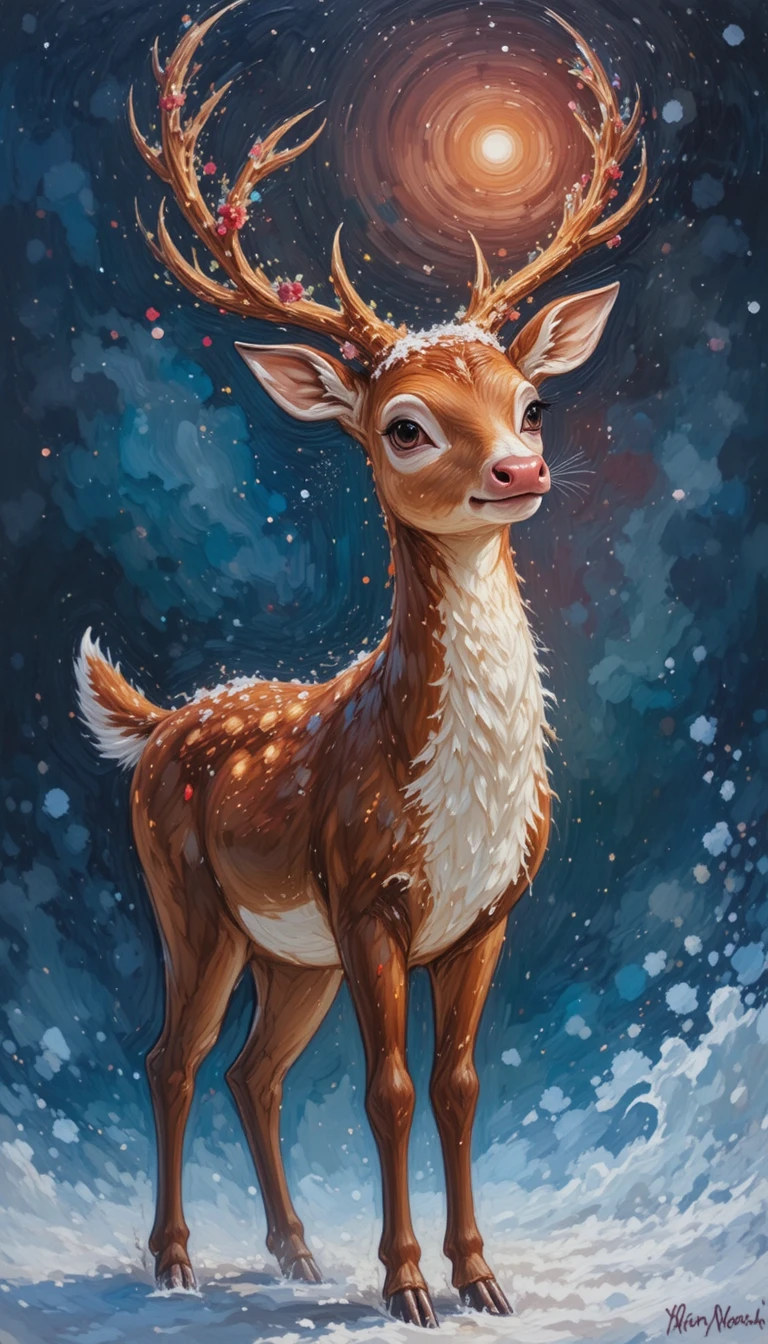 Impressionist oil painting of reindeer in a foggy winter