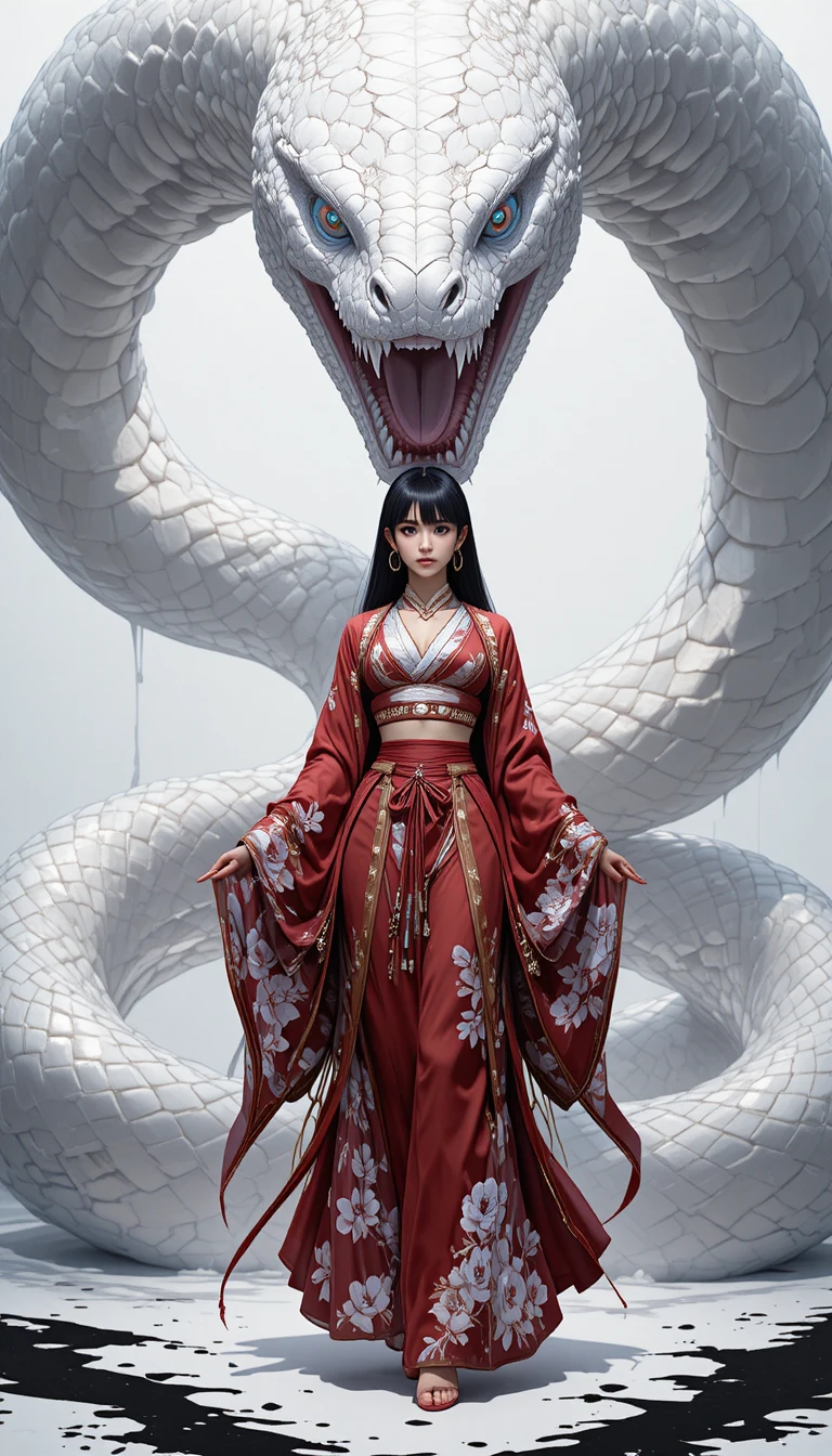 Mujer guerrera de anime regia con colosal serpiente blanca