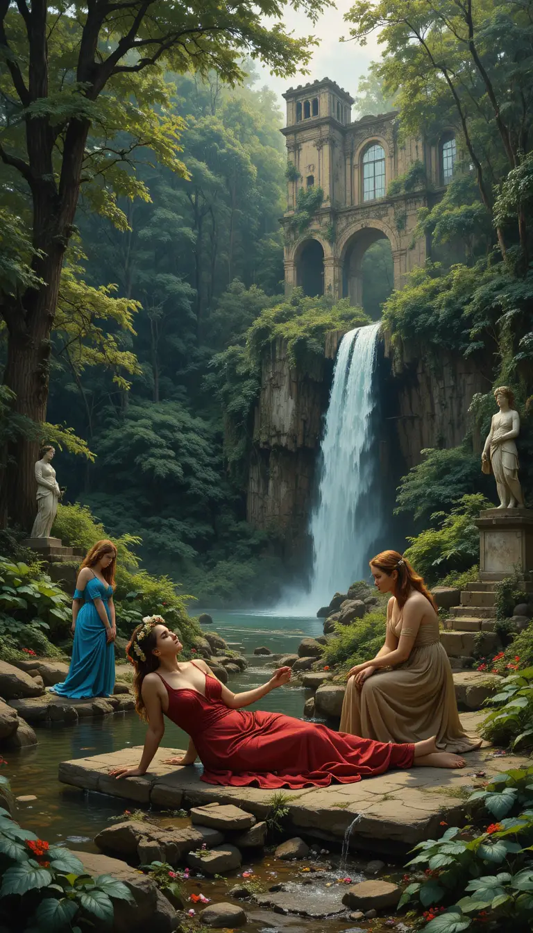 Frauen an einem Waldteich mit Ruinen und Statuen