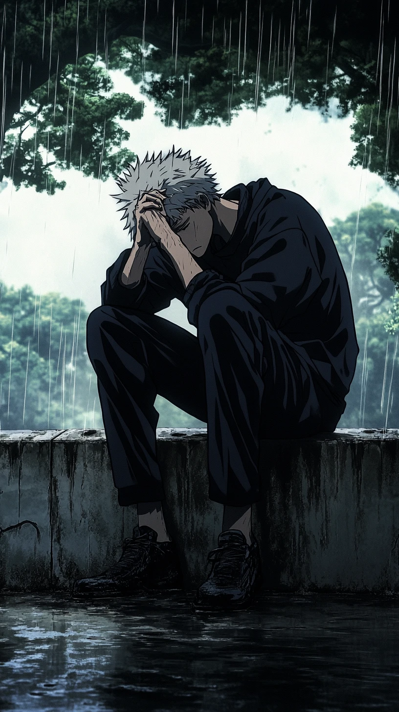 Chico de anime en sombras sentado solo sobre una barrera de concreto