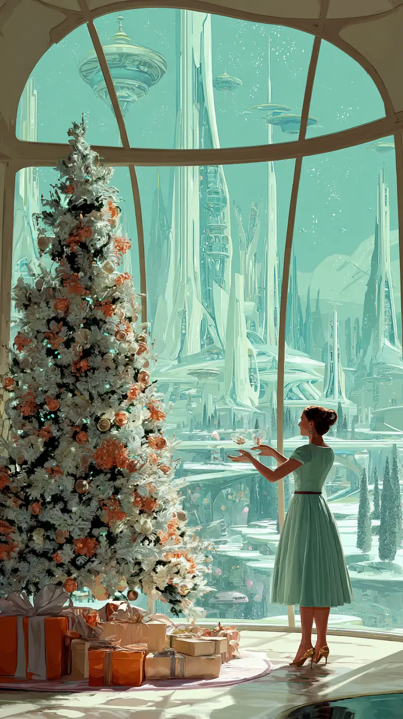 Retro-Frau schmückt Weihnachtsbaum im ruhigen Wohnzimmer