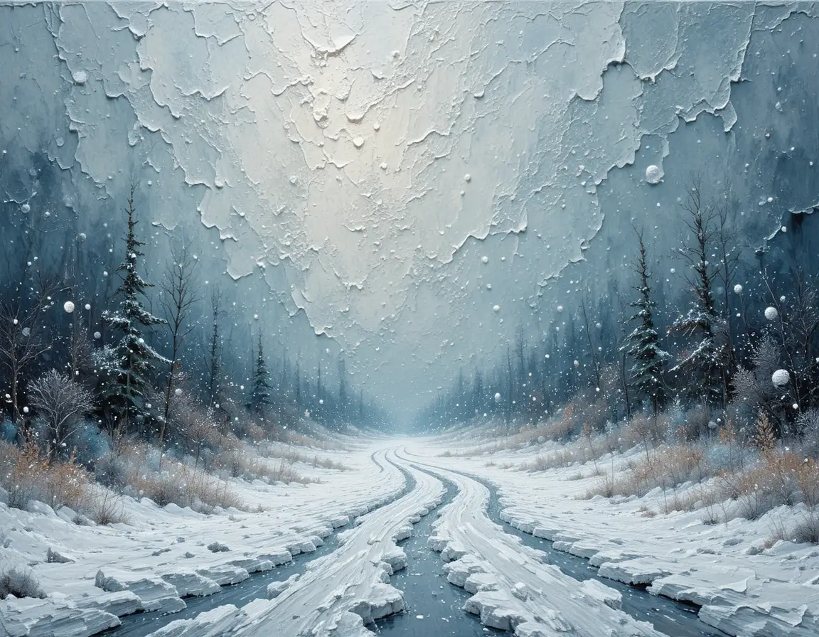 Pintura abstracta en impasto de una dura tormenta de nieve invernal