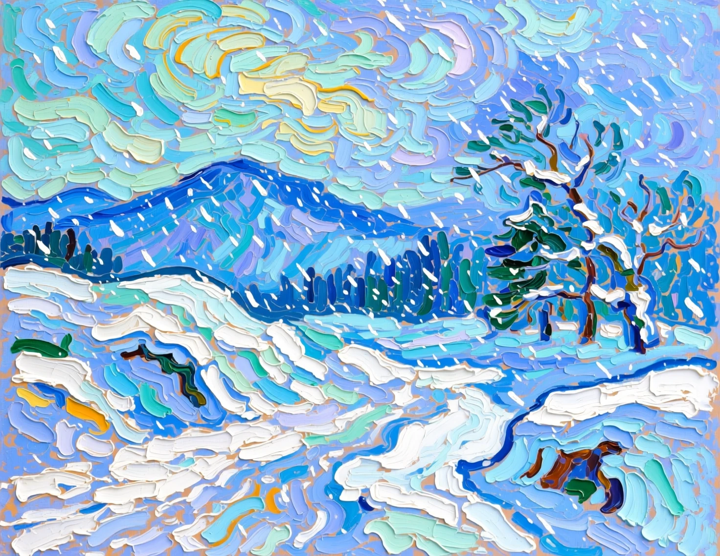 Abstract winter landscape painting of a raging blizzard