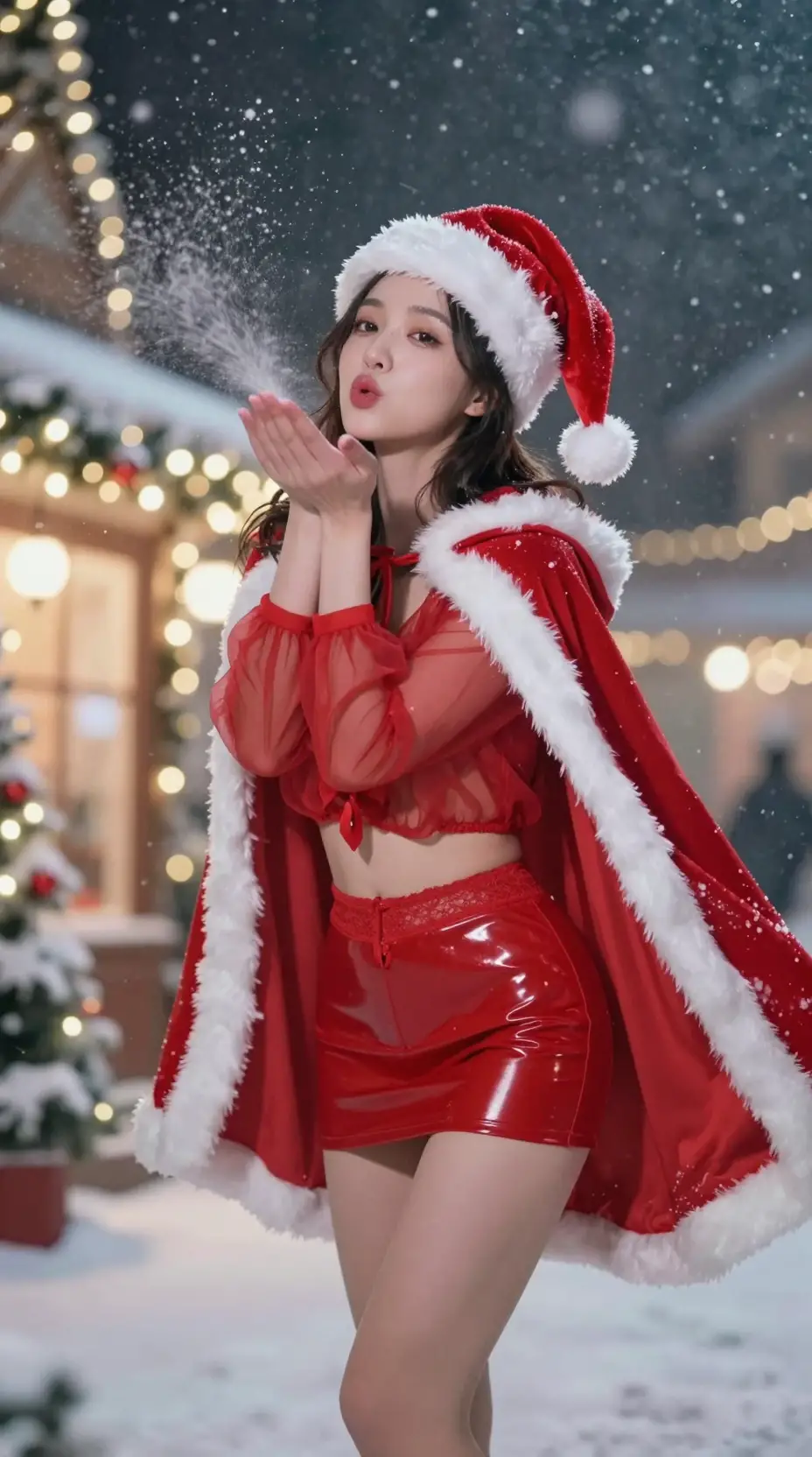 Taiwanese woman blowing a kiss on a festive city street