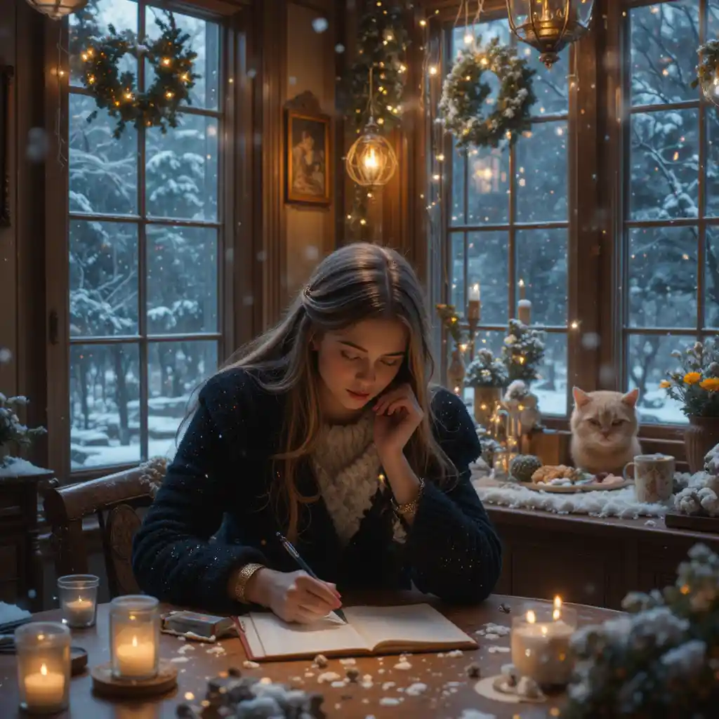 Young woman writing at a table beside a cat