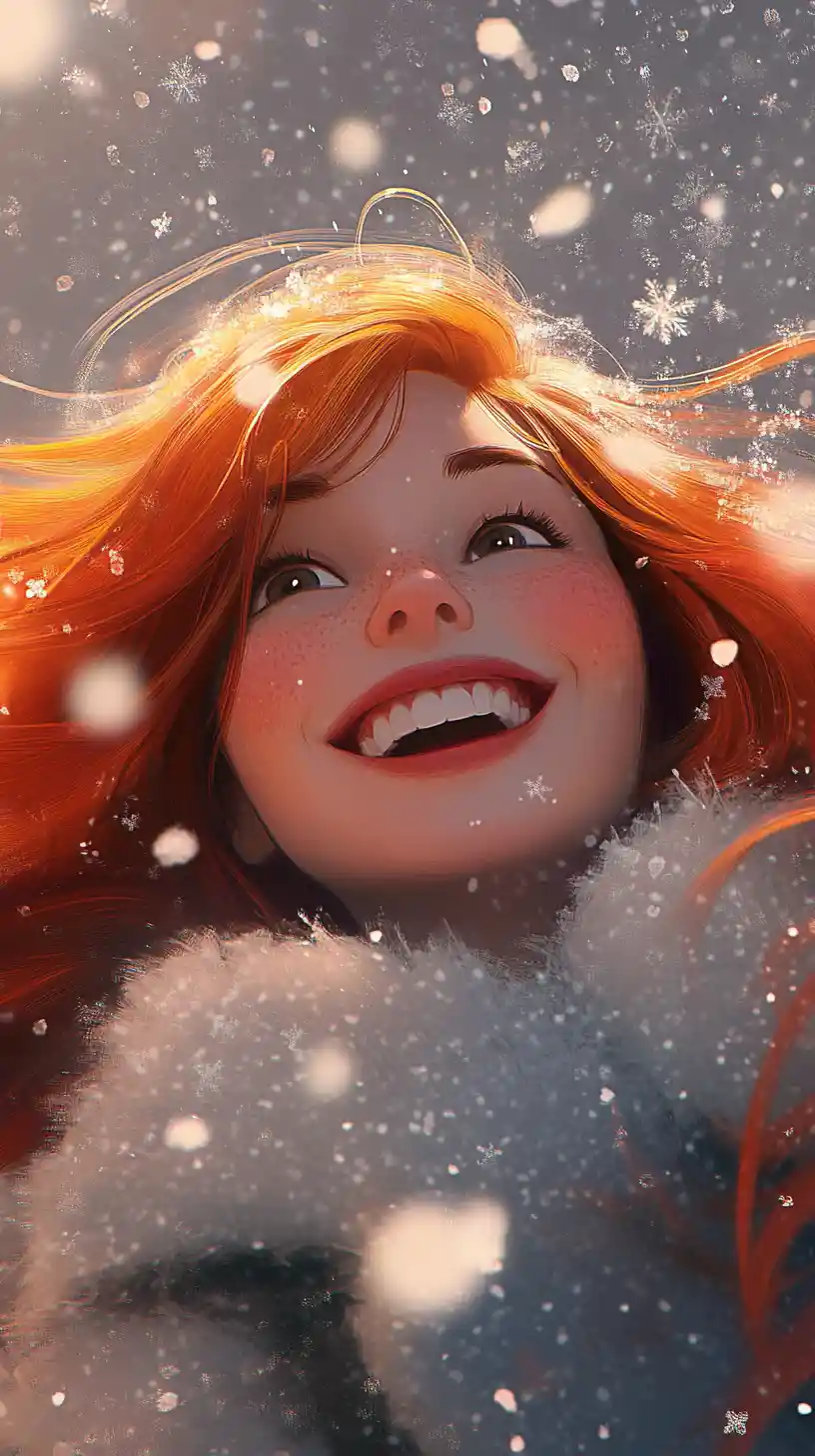 Jeune fille rousse joyeuse riant dans un paysage d’hiver enneigé