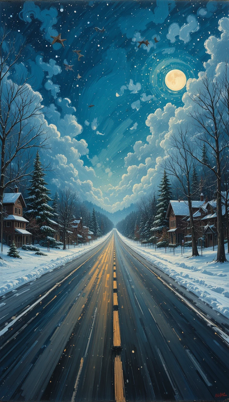 Pintura em impasto de um carro voltando para casa no Natal
