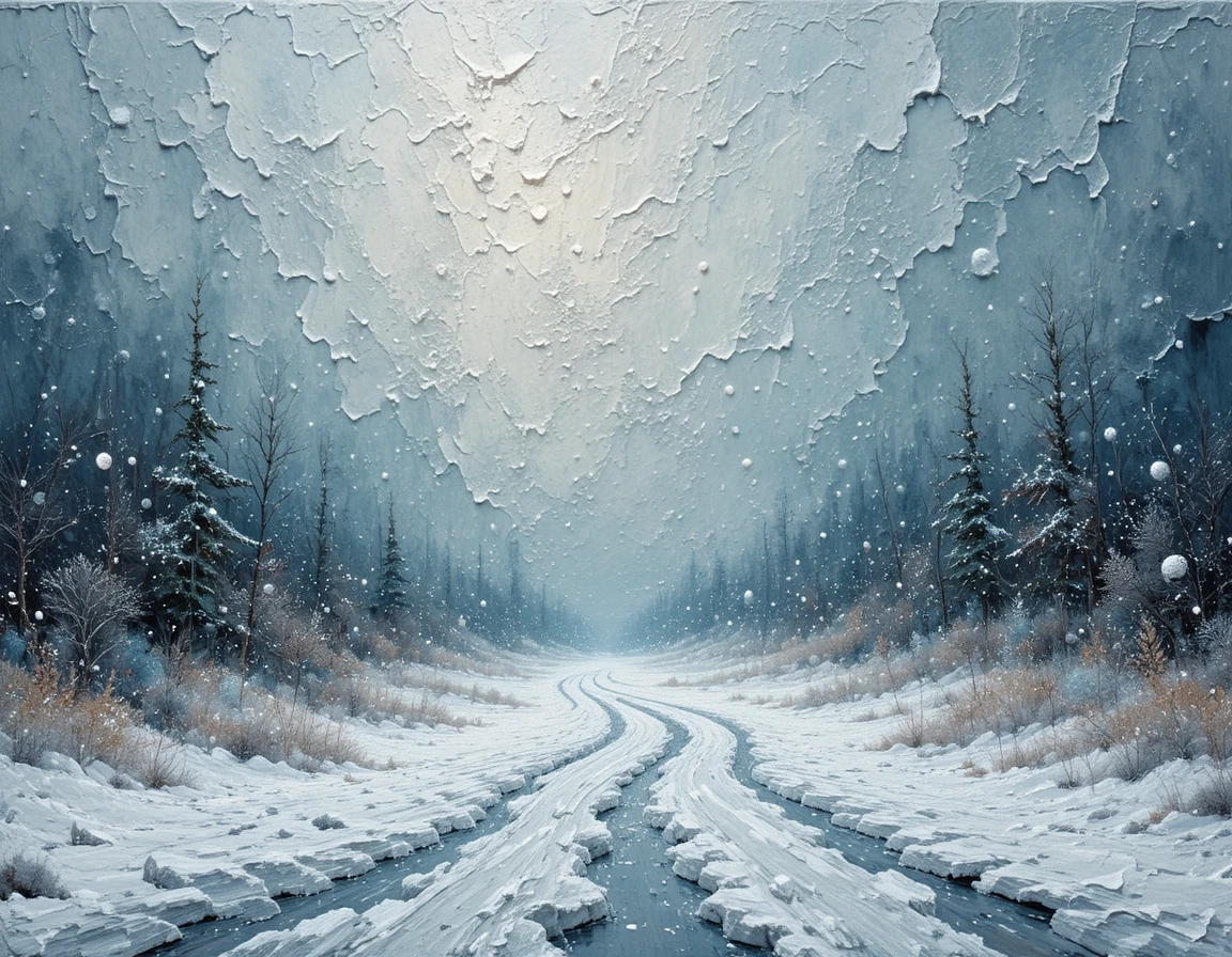Abstract impasto painting of a harsh winter snowstorm