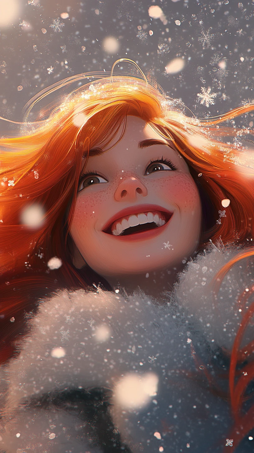 雪景色の中で笑う赤毛の少女