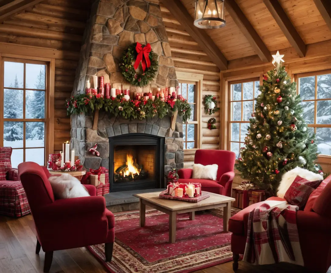 Cozy rustic cabin living room with glowing Christmas decor