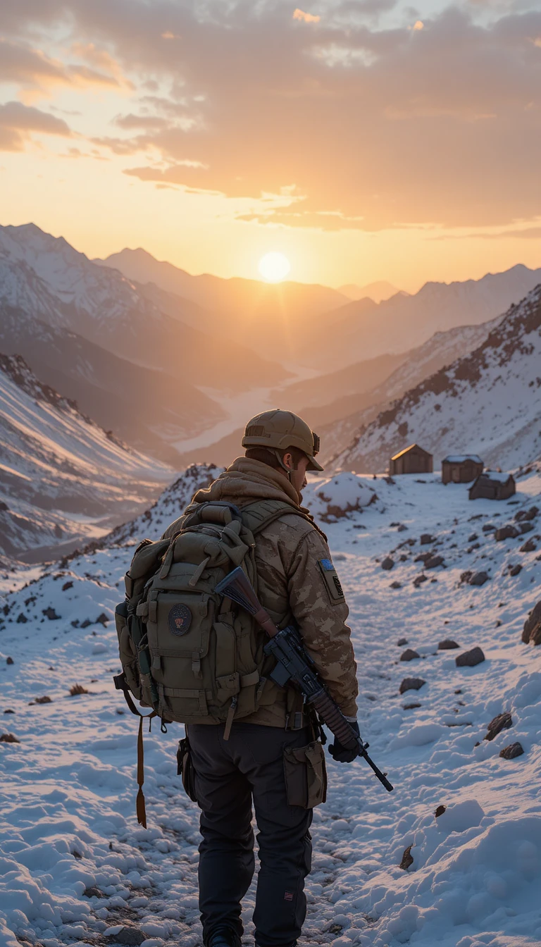 Soldado paquistanês em posto de fronteira remoto nas montanhas nevadas ao pôr do sol