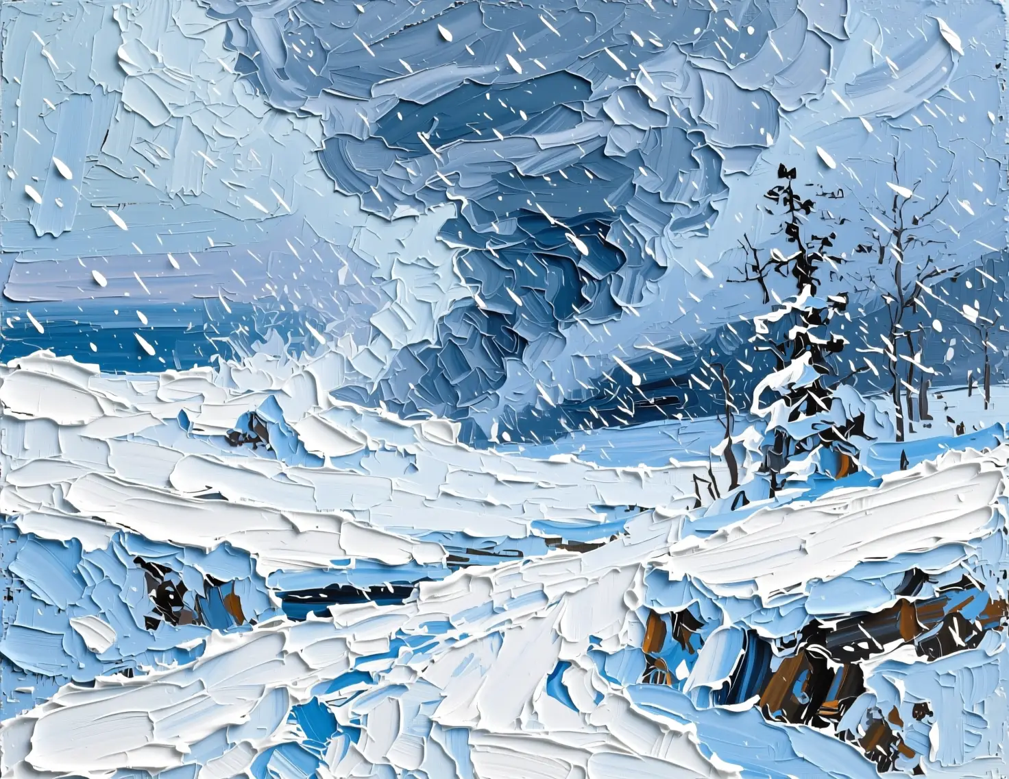 Pintura abstracta de paisaje invernal con una feroz tormenta de nieve