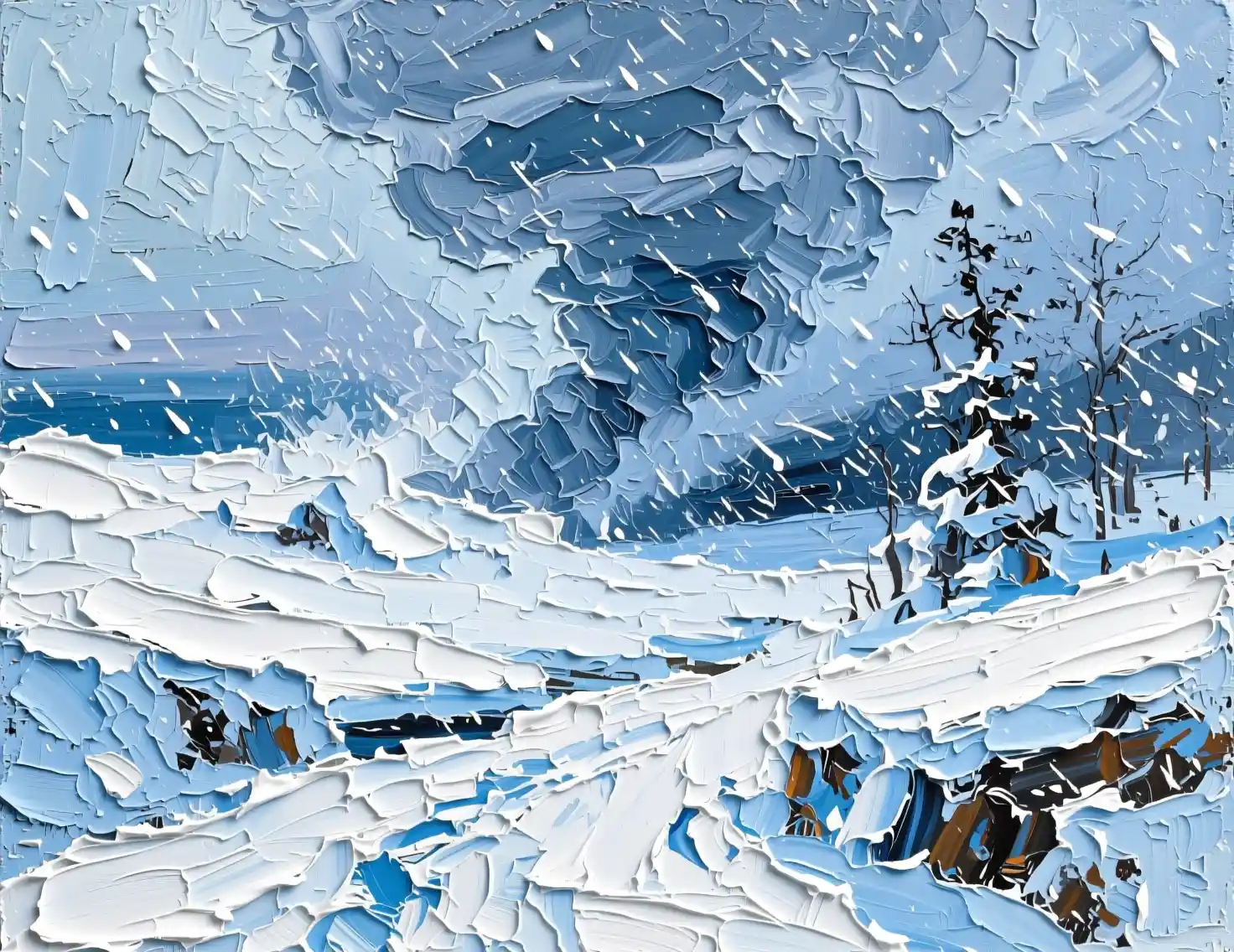 Pintura abstracta de paisaje invernal con una feroz tormenta de nieve