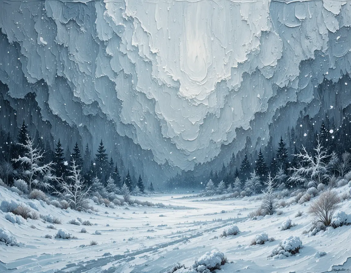 Paisaje invernal de impasto texturizado en una fuerte tormenta de nieve