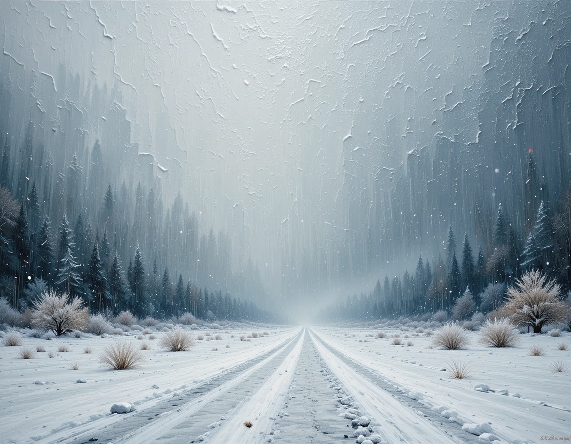 Paysage d’hiver en tempête texturé aux tons glacés et feutrés