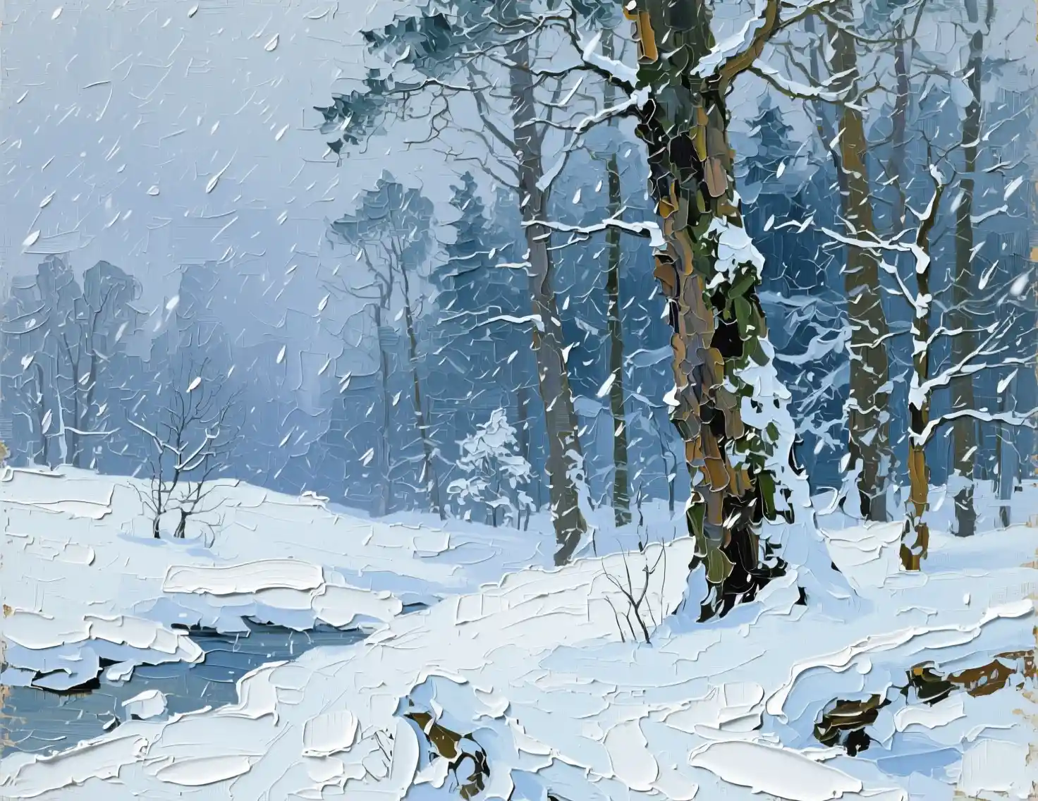Blizzard hivernal texturé balayant une forêt ancestrale