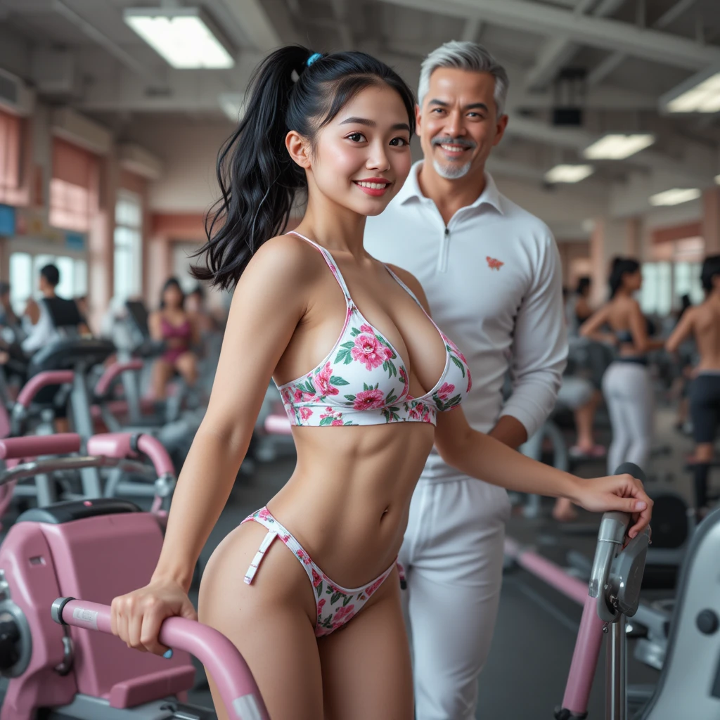 Young woman training on ab machine in bright gym