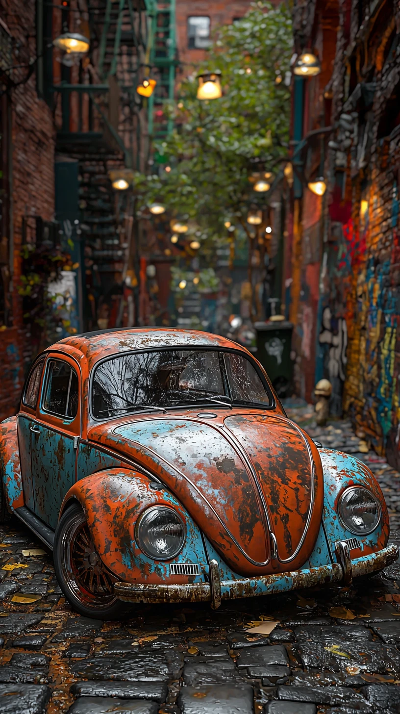 Fusca vintage enferrujado estacionado em um beco de paralelepípedos